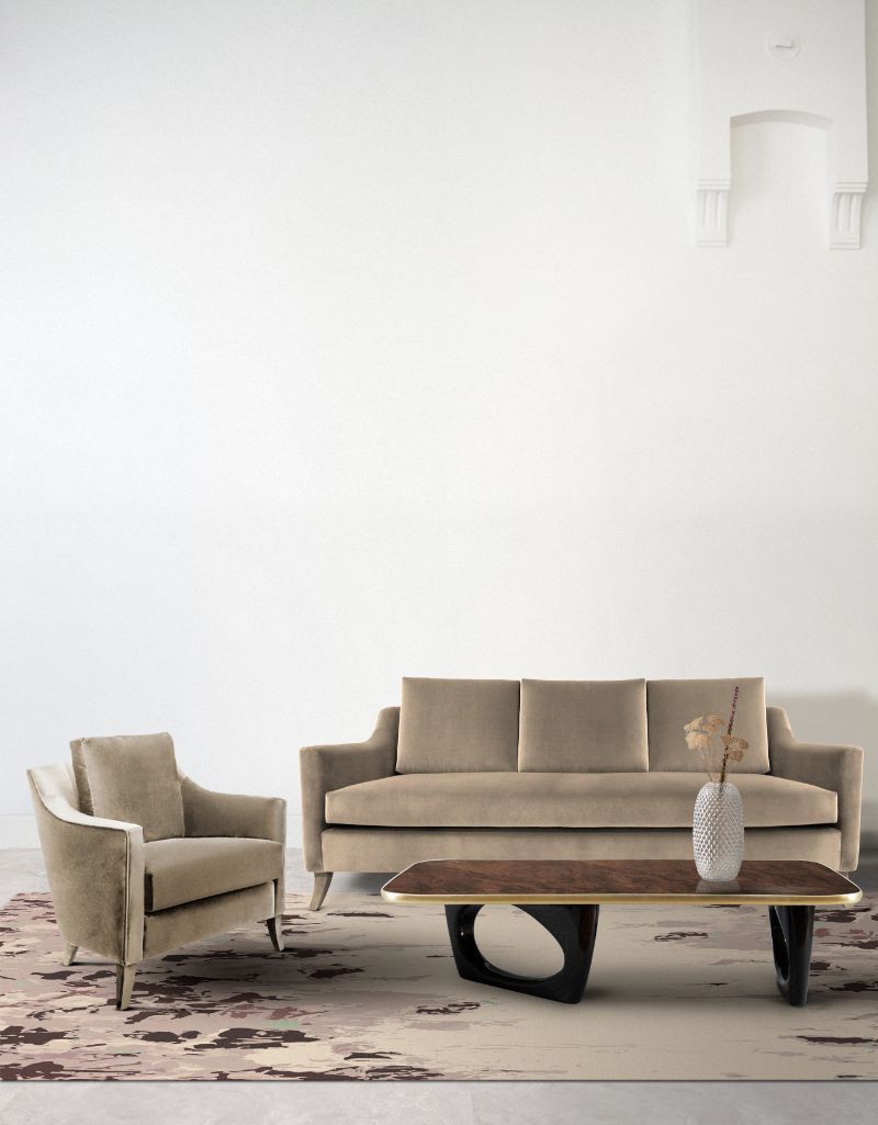 neutral contemporary living room with a floral rug in nude hues. with sofa and armchair. Neutral Wool Area Rugs