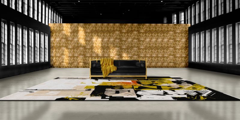 Modern living room with a urban rug with a pop of color that contrasts with the dark desgn. Simple Rules To Follow With Living Room Rugs