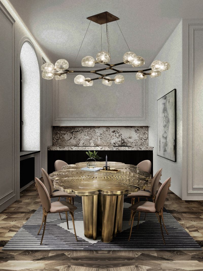 luxurious dining room with gray area rug that has different shades of gray within its geometric design, The Best Dining Room Rug Ideas To Amaze Your Guests
