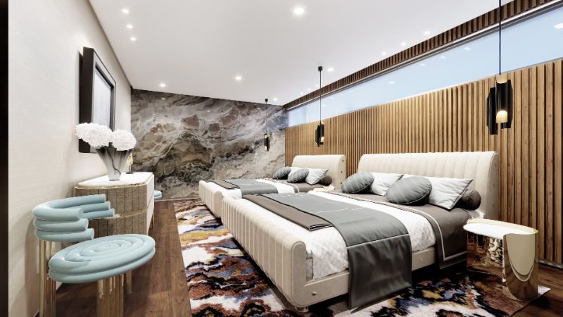 Modern bedroom of hotel design with two beds