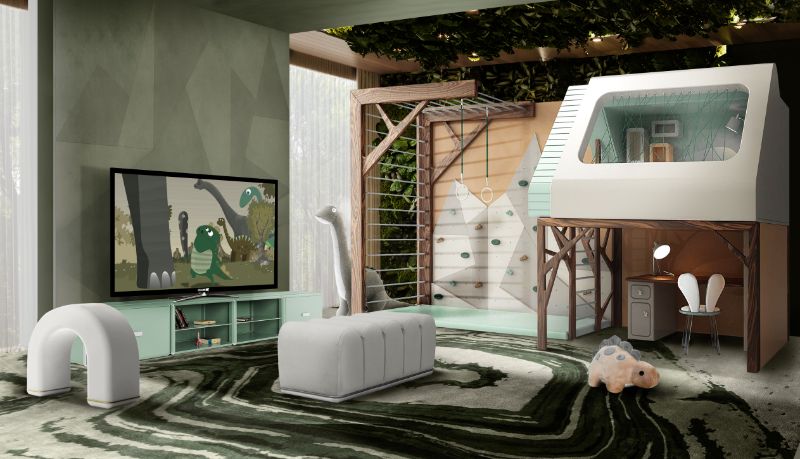 Children playroom with a green area rug with an abstract pattern. The Most Popular Green Area Rugs for 2022