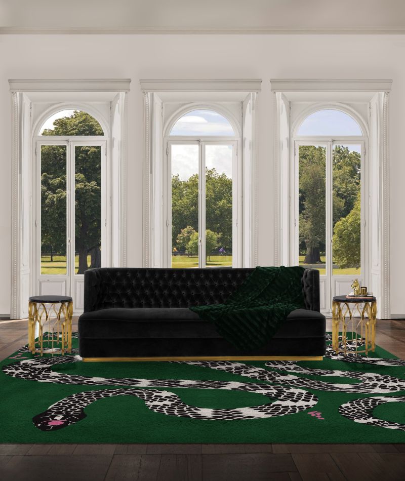 modern contemproary living room with a green rug. The Most Popular Green Area Rugs for 2022