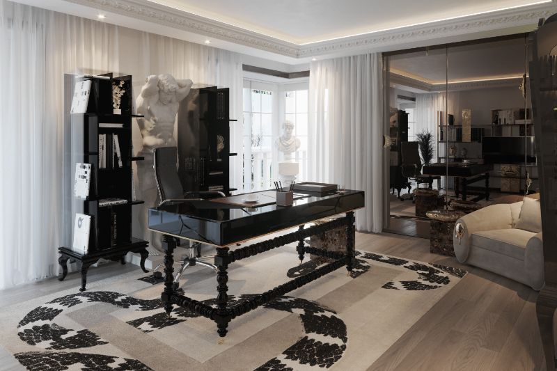 Classy modern home office with neutral rug with a snake design that creates a sophisticated interior. 5 Ideas For Home Office Decor Ideal To Work From Home
