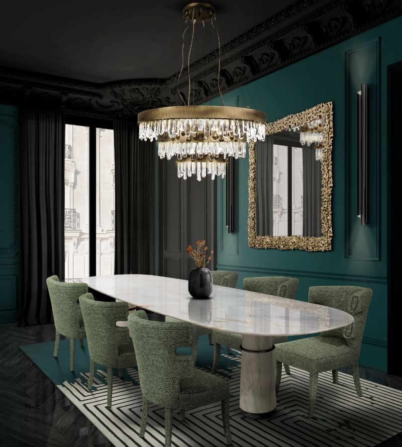 Modern contemporary dining room in green tones. Luxury Custom Rugs: The Most Unique and Exceptional Handmade Carpets