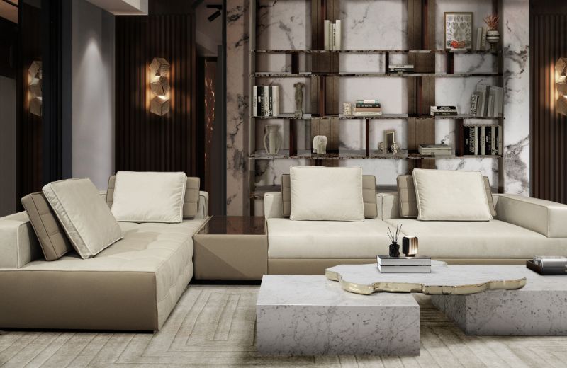 modern rug designs with a beige rug in this living room with beige sofas.
