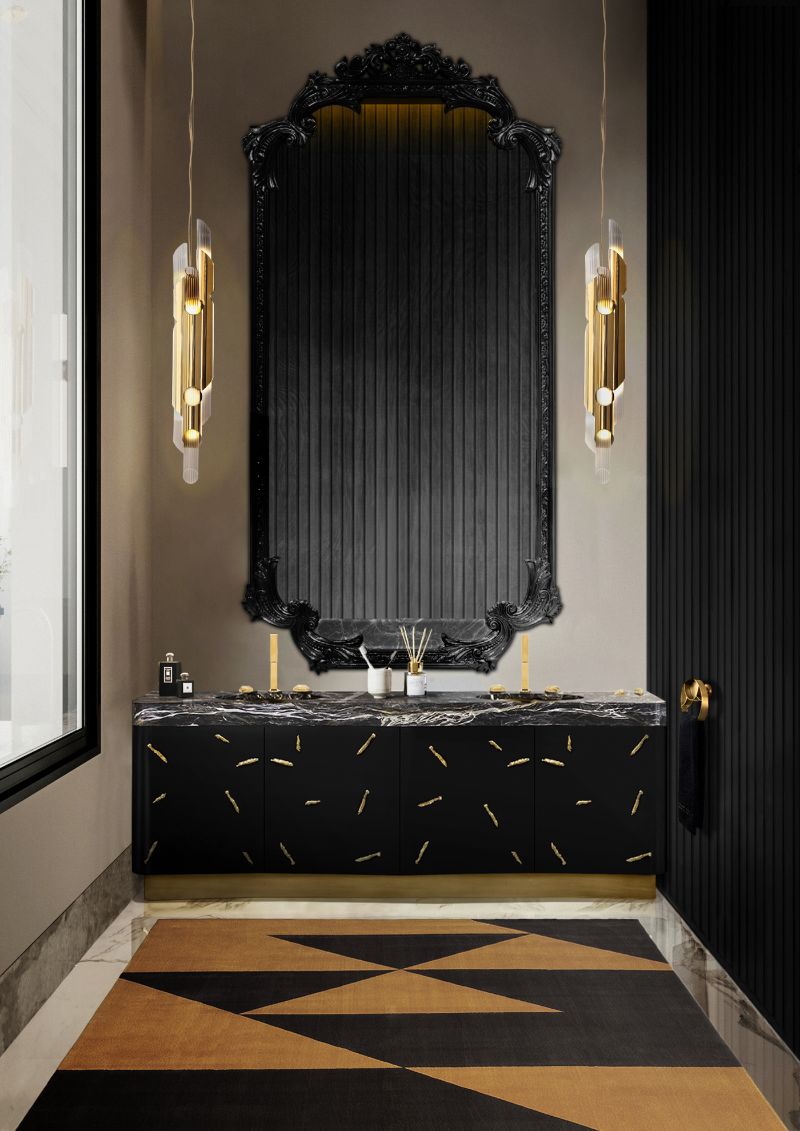 bathroom decor ideas with black and orange rug with a geometric design