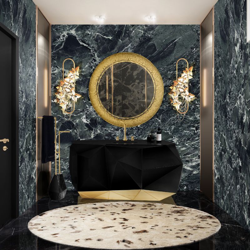 bathroom decor ideas: a luxurious bathroom decor with round mirror and white round rug for a cozy feeling