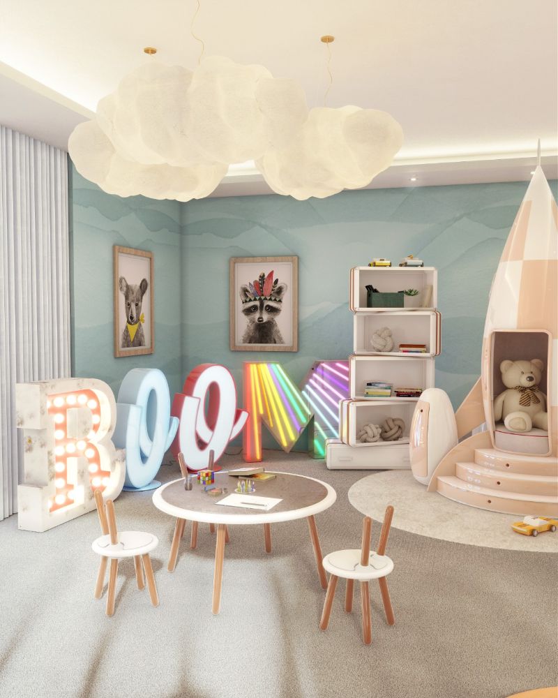 Kid's playroom with a gray carpet