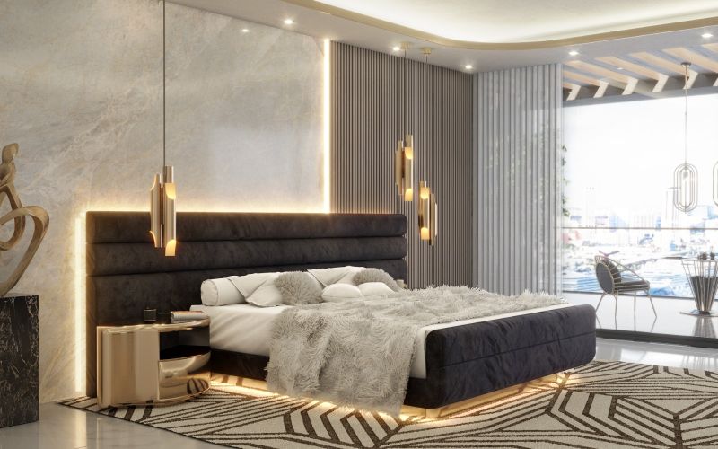 modern black and white area rug for a stunning bedroom interior design