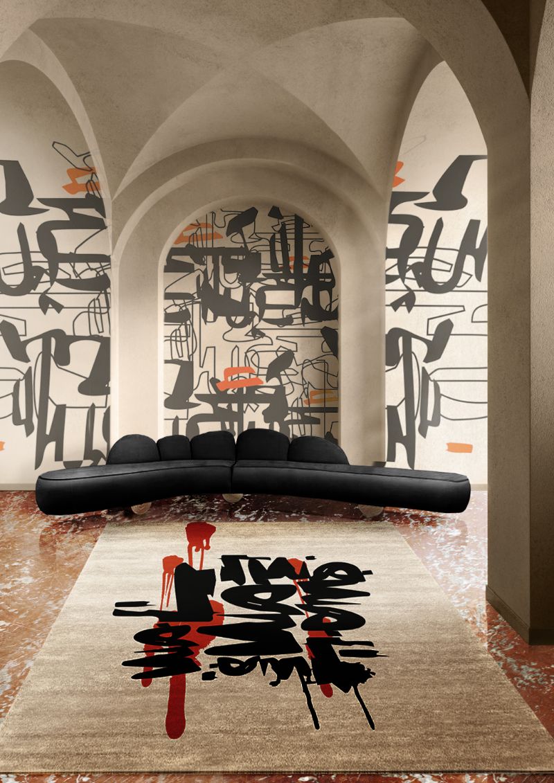 modern urban living room with area rug with a modern design inspired by street art. Carpet Design For Living Room