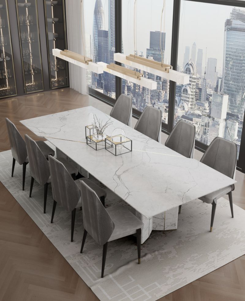 An opulent dining room with a city view that is to die for!