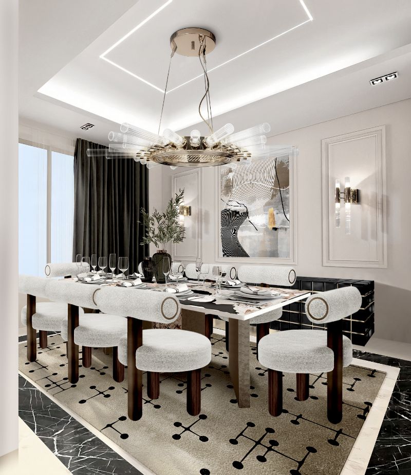 rug design summer trends: mid-century dining room with neutral rug and round dining chairs