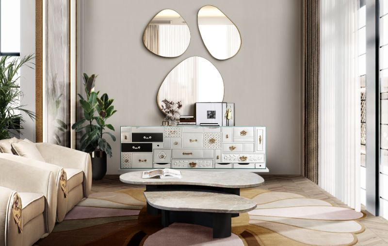 rug design summer trends: living room with oval beige and orange rug