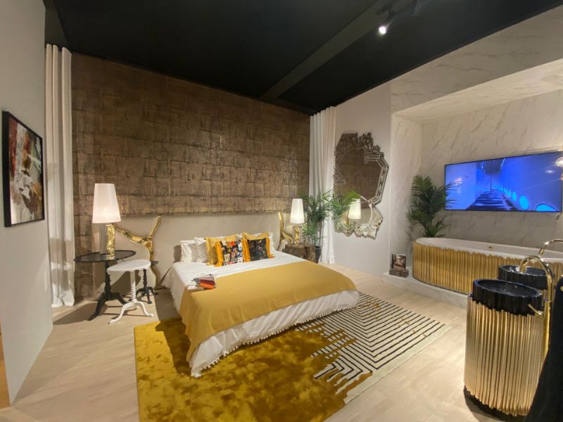 modern bedroom decor with the VALENCIA RUG, a area carpet with a unique design. The yellow hues of this room make it cheerful