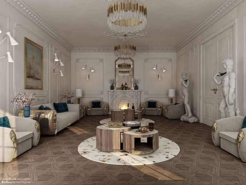 Modern Rug Ideas with round rug in white hues with golden suspension lights and luxurious sofas.