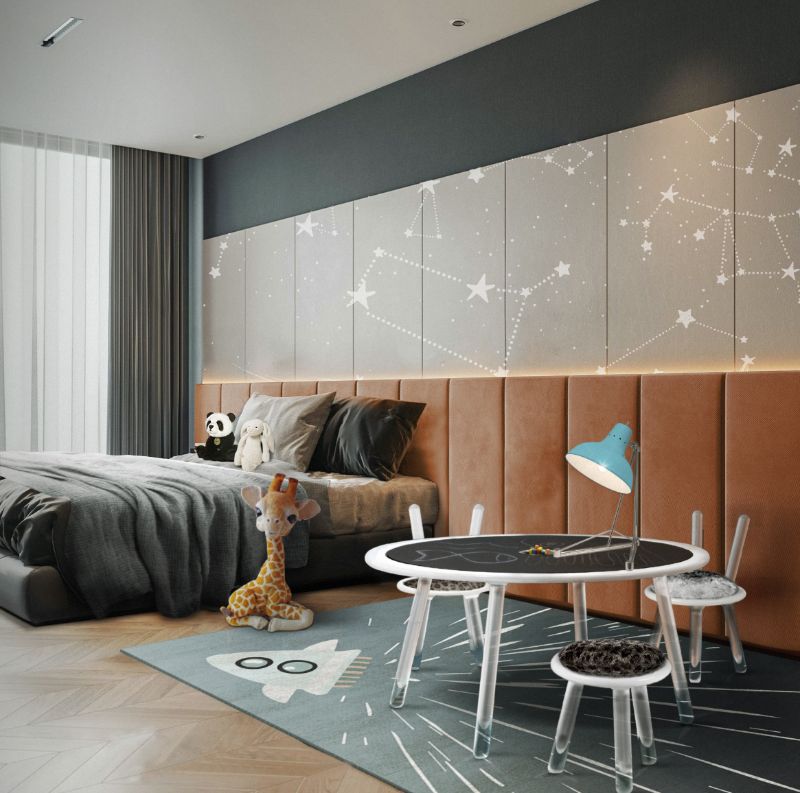 bedroom carpet designs: a Kid's bedroom decor with a space themed rug in gray