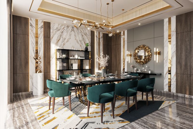 dining room rugs with the xisto rug in tones og gray and gold with green dinign chairs and sleek black dining room.