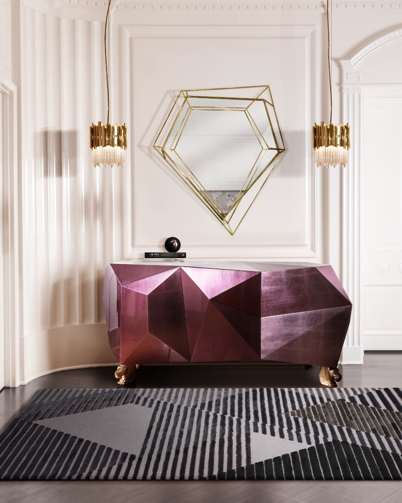geometric rugs for hallway with gray hues and purple console