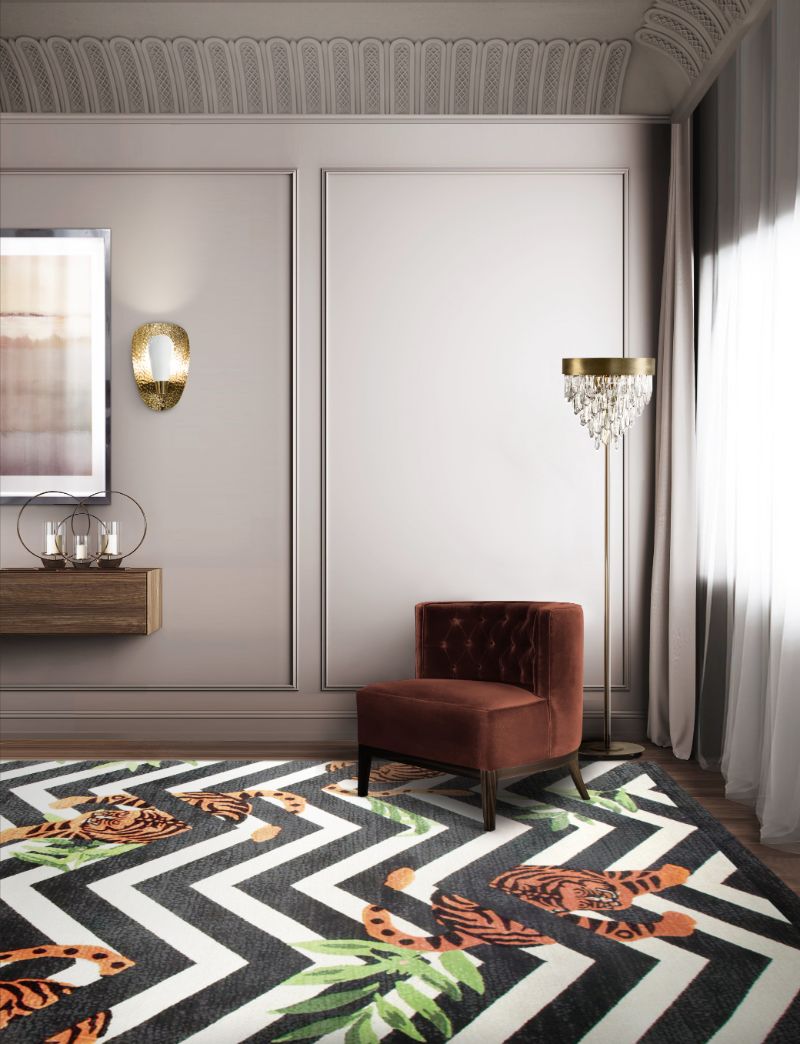 Luxury Rugs For The Living Room with modern contemporary area rug and red armchair and standing lamp