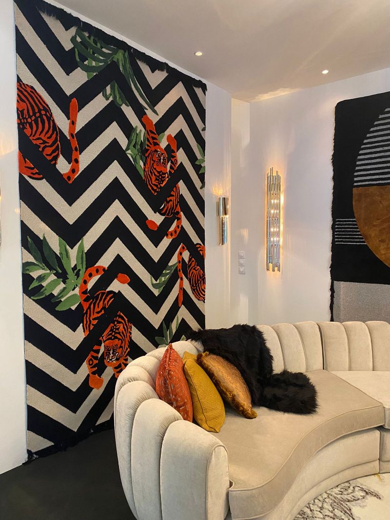 Interior Design Trends  with modern rugs in black and white with a pop of color