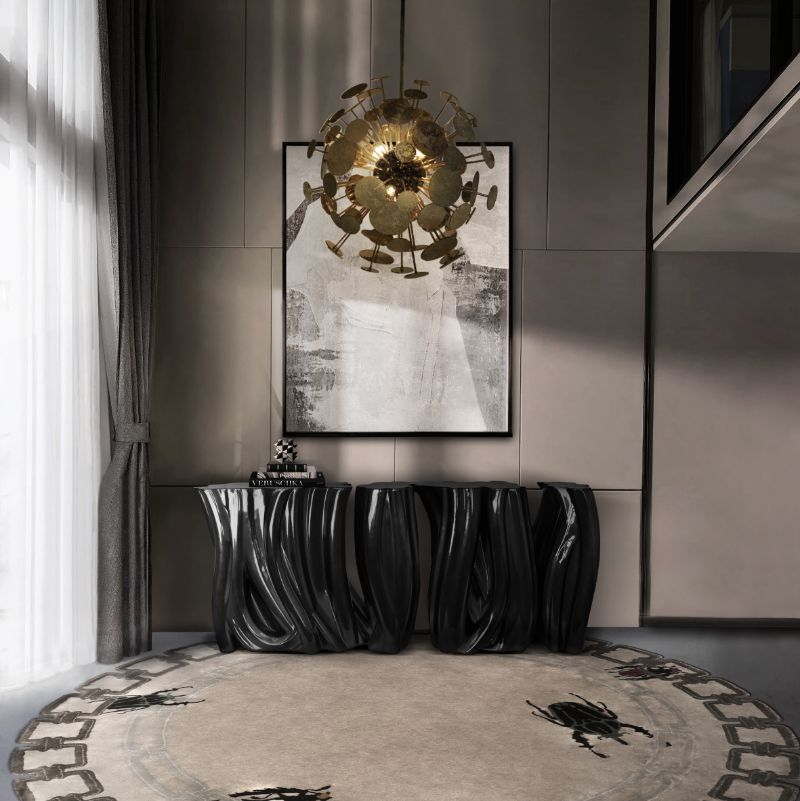neutral rugs with round shape and black console with suspension lights