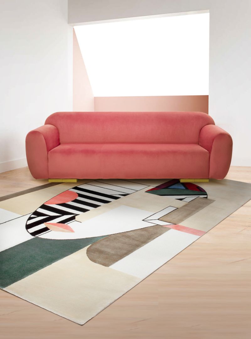 neutral rugs for a minimalisitc living room with pink tones