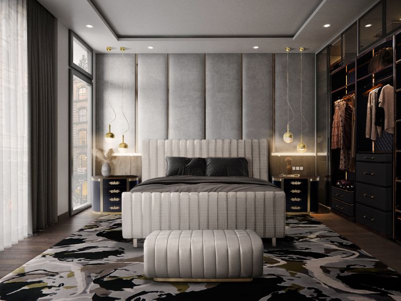 bedroom carpet designs: a blue area rug with an abstract design that complements this modern midcentury bedroom