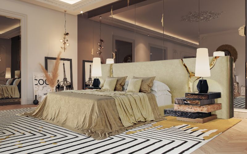 bedroom carpet designs: A black and white area rug with a touch of gold to decorate this modern contemporary bedroom