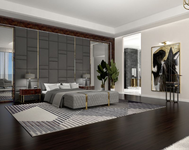 bedroom carpet designs: a modern all gray bedroom interior with the AIR RUG, a geometric rug