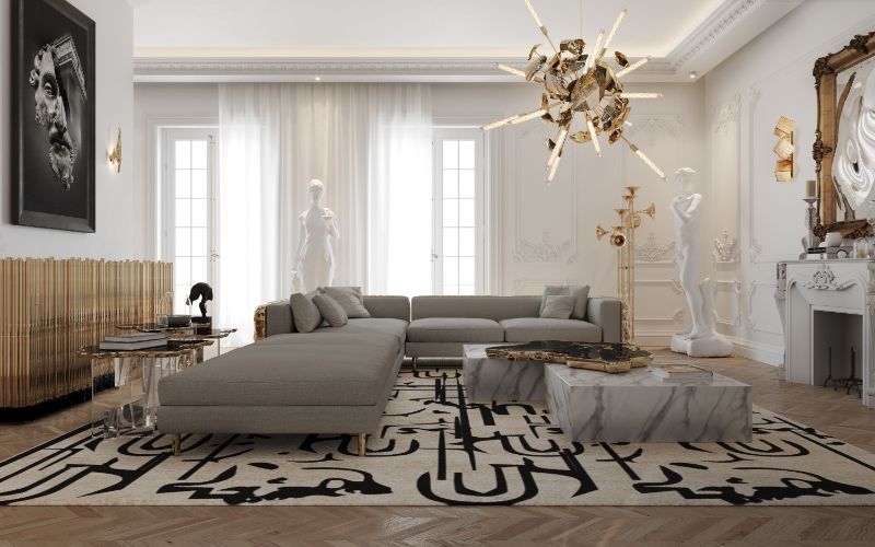 a Living Room Rug in black and white with a gray sofa