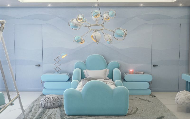 12 Rug Styling Ideas You Should Consider For Your Home. All blue kid's bedroom with gray area rug with gemstone pattern .