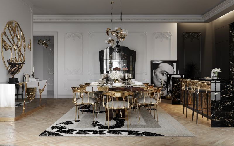 12 Rug Styling Ideas You Should Consider For Your Home. Luxurious dining room with area rug in beige and golden accents in dining chairs