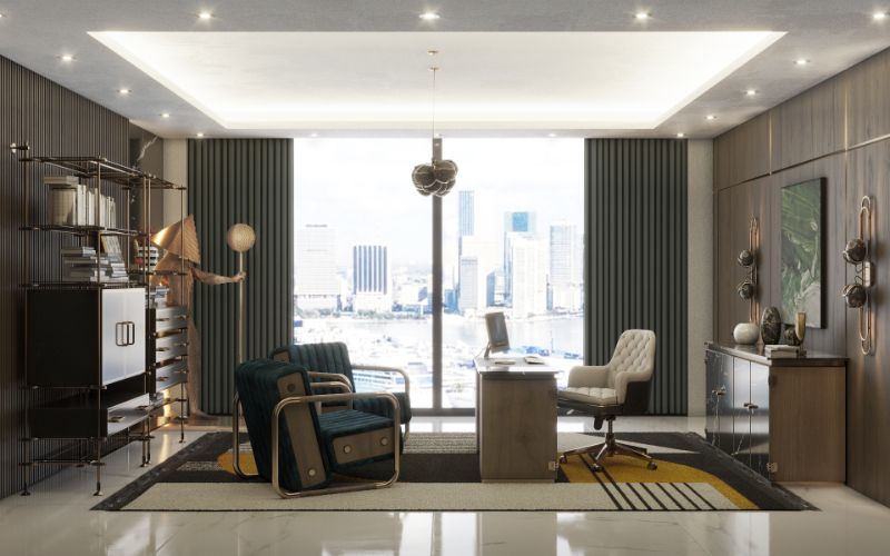 12 Rug Styling Ideas You Should Consider For Your Home. Mid-century home office interior design with a geometric rug.