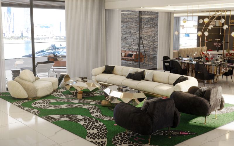 12 Rug Styling Ideas You Should Consider For Your Home. Green area rug for mid-century living room with snake pattern