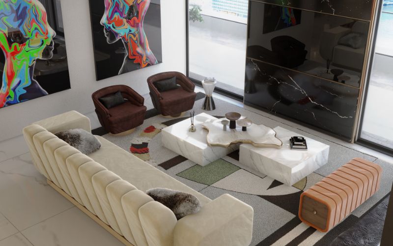 12 Rug Styling Ideas You Should Consider For Your Home. mid-century living room with blue geometric rug