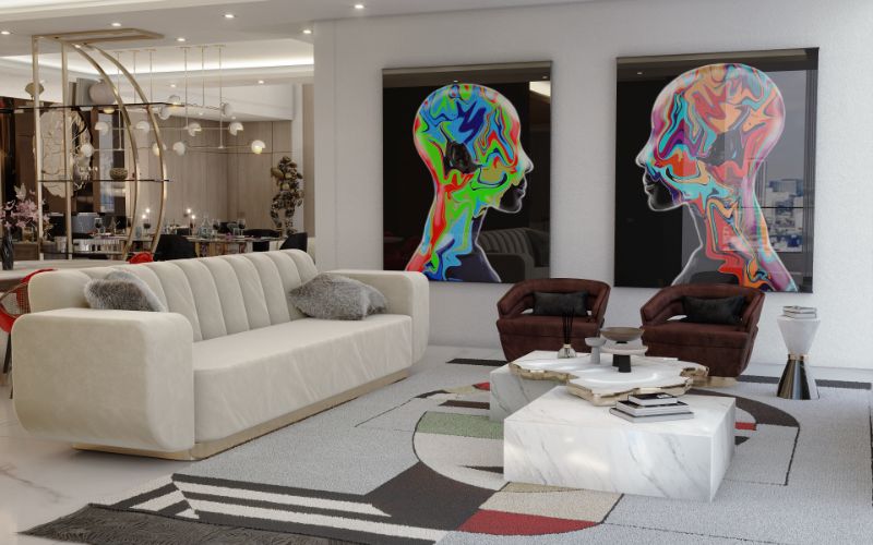 Mid-century living room with blue geometric rug and white sofa and center table in marble. 12 Rug Styling Ideas You Should Consider For Your Home