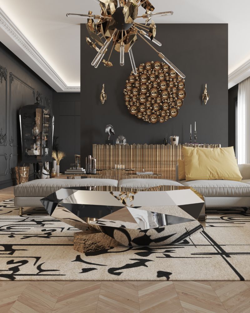 5 Incredibly Useful Rug Ideas For A Modern Living Room with a black and white area rug and silver center table in diamond shape