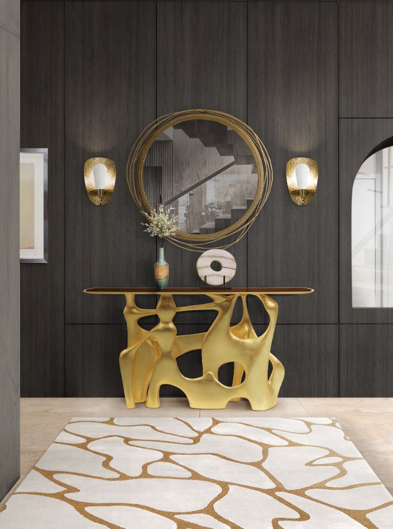 designer rugs for hallway with golden accents and runner rug in white and gold with round mirror and sideboard