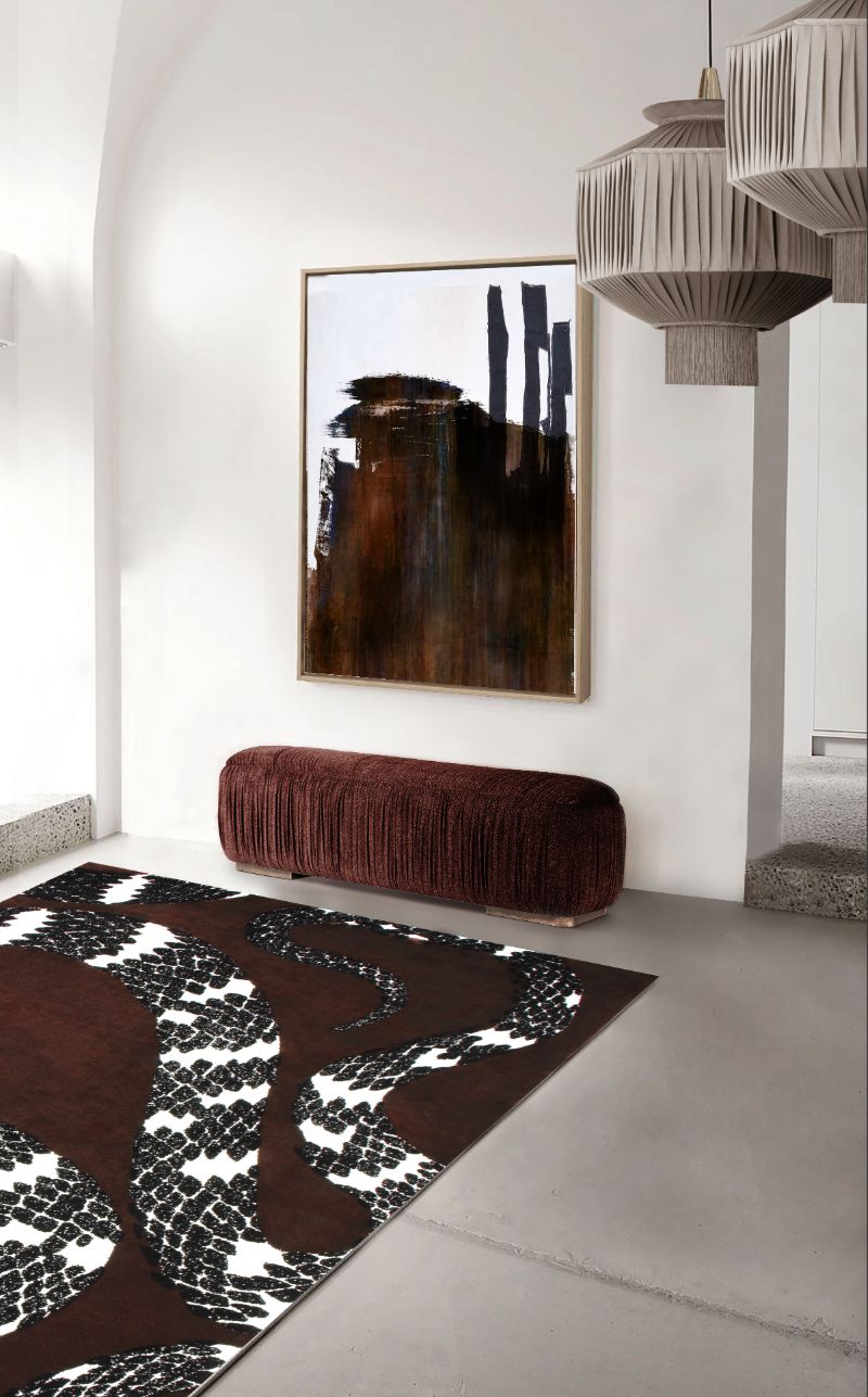 designer rugs with burgundy hues and snake design for hallway with bench