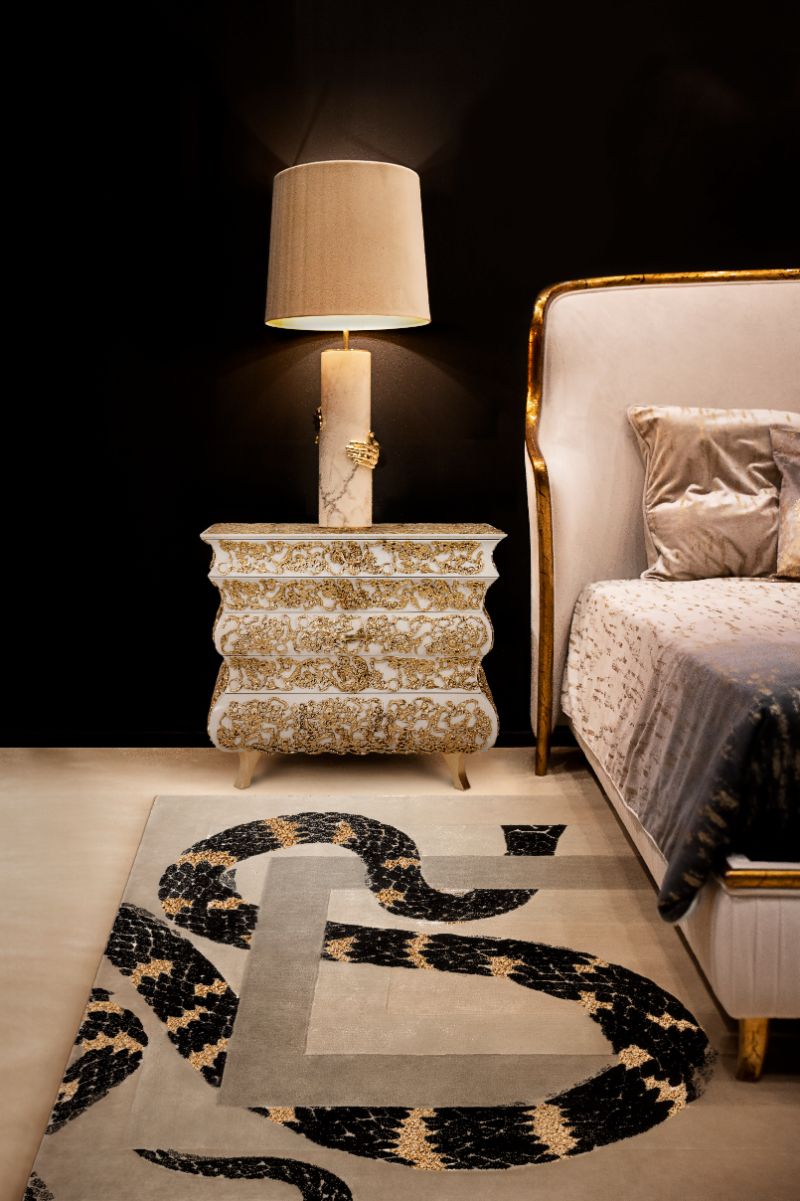 Bedroom Rugs Ideas: The Softest Contemporary Rugs. Classic bedroom decor with golden hues and imperial snake rug