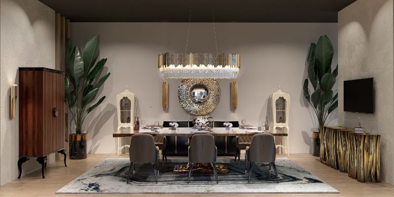 Luxurious modern contemporary dining room rugs with blue gemstone inspired carpet and golden suspension lights and chairs
