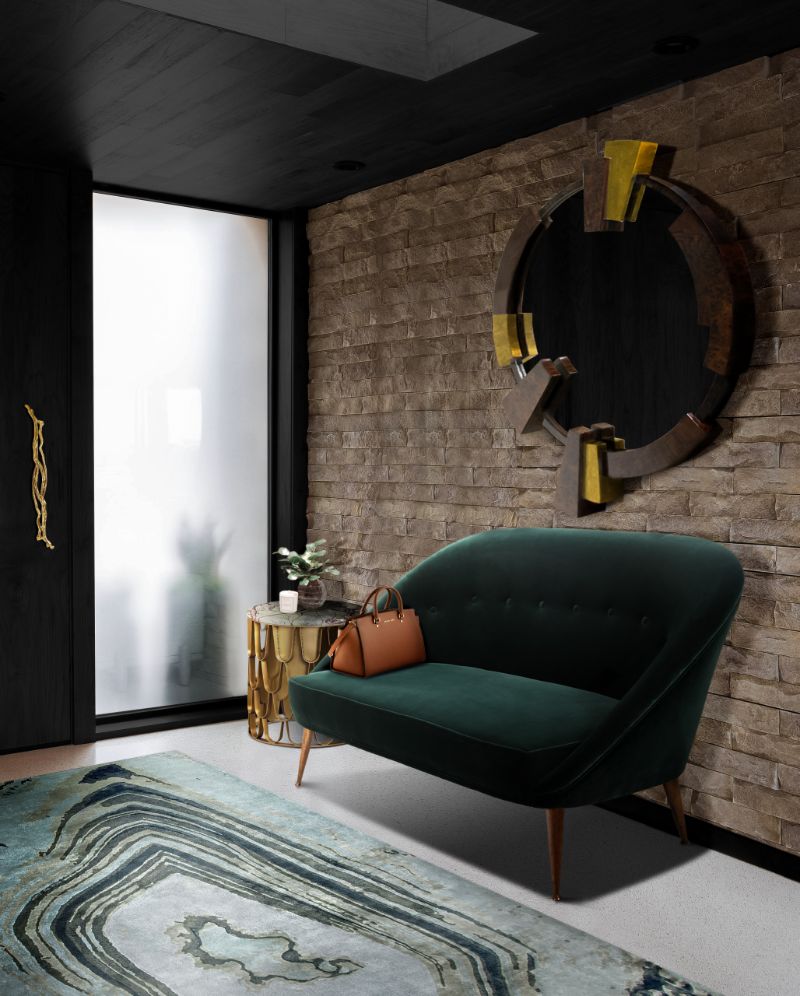 The Best Contemporary Rugs to Compliment your Sofa. Rectangular rug in gray tones woth velvet sofa and round mirror for entryway.