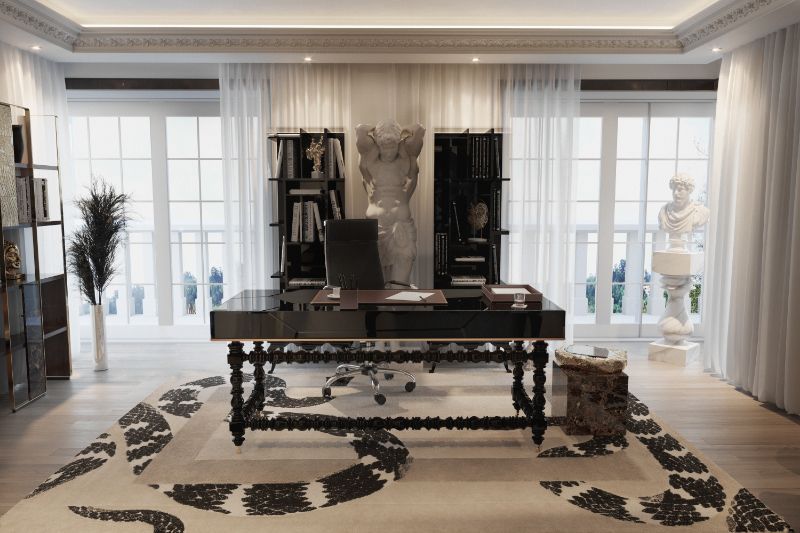 modern classic home office design with large beige rug with a snake pattern. rug tufting designs