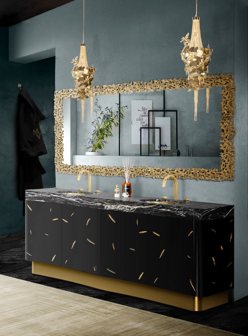 Luxurious bathroom decor with beige carpet and golden mirror and golden ornaments. 6 Ideas For Bathroom Design With Dashing Rugs