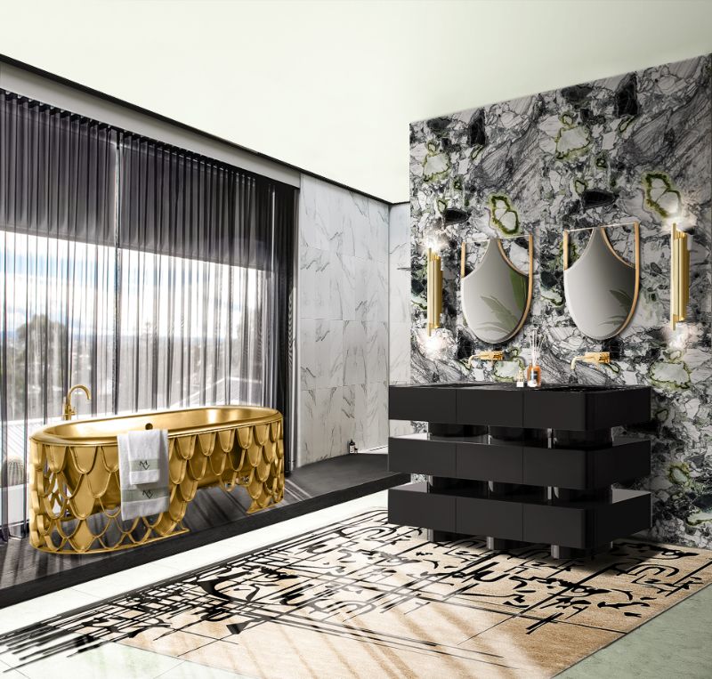 Modern contemporary bathroom decor with black and white decor and some golden elements for a luxury feeling.  6 Ideas For Bathroom Design With Dashing Rugs