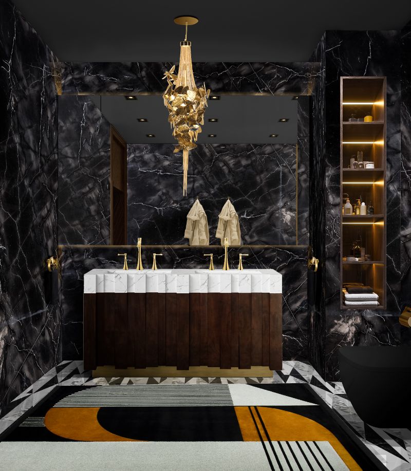 luxurious modern contemporary bathroom decor design with geometric midcentury rug and marble suspension cabinet.  6 Ideas For Bathroom Design With Dashing Rugs