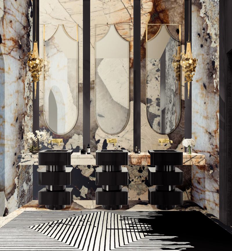 Modern contemporary bathroom decor in black and white with a golden accessories.  6 Ideas For Bathroom Design With Dashing Rugs