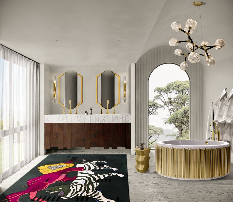 Modern contemporary bathroom design with black and white contemporary rug with a pop of yellow and red and golden bathtub. 6 Ideas For Bathroom Design With Dashing Rugs