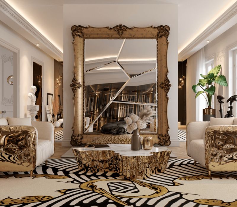 mirror for the living room with golden hues and black and white area rug