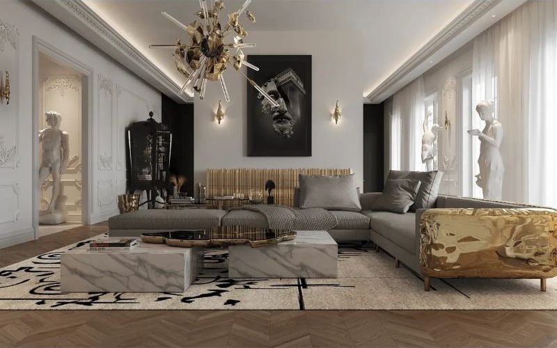 ideas for living room furniture with a luxurious ambiance thanks to area rug with caligraphic design and golden modular sofa